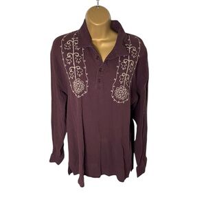 Vintage Y2K YMLA Embroidered Gauze Button Placket Long Sleeve Shirt Brown XL